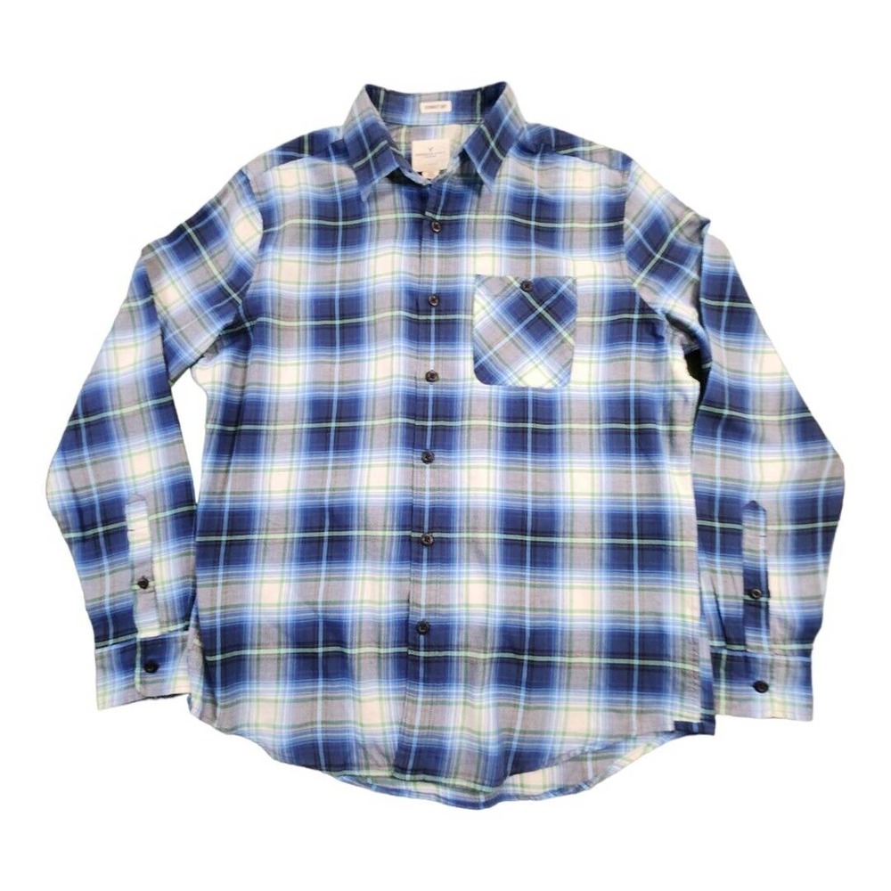 NWOT AMERICAN EAGLE Blue Green Plaid Long Sleeve Button-up Shirt‎ Mens Large